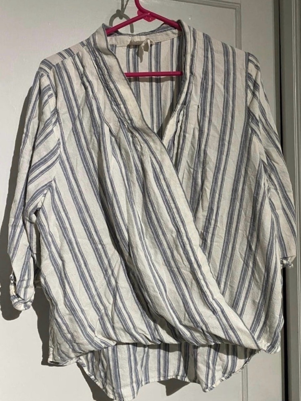 LOFT Cream and Blue Striped Wrap-Front Blouse